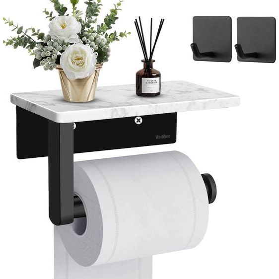 Toilet Roll Holder with Marble Shelf - Stainless Steel Toilet Roll Holder with Drilling Wall Mounted Toilet Roll Holder for Kitchen and Bathroom for Bathroom (Black)