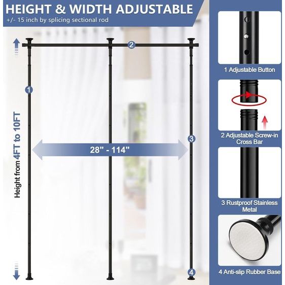 Ruimteverdeler Paraventframe, gordijnroede, flexibel verstelbaar, ruimteverdeler of gordijnroede, inkijkbescherming voor woonkamer, slaapkamer, breedte 280 cm x hoogte 317 cm, zwart