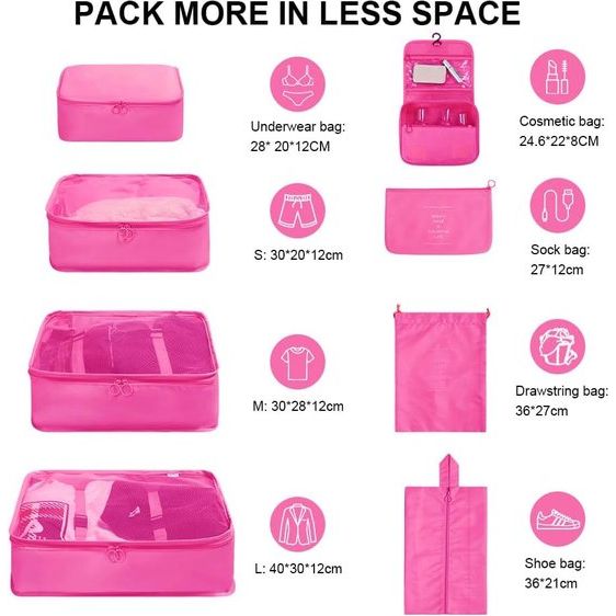 Kofferorganizerset, 8-delig, verpakkingsblokjes, waterdichte reiskledingzakken, inpakzakken voor koffer, kofferorganizer, reistas met make-uptasje, schoenentas, USB-kabeltas (rozerood)
