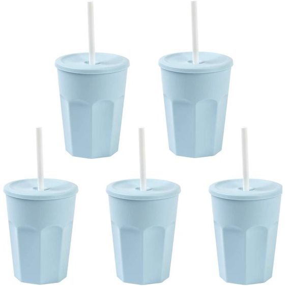 5 x kunststof bekers met deksel, blauwe drinkbeker met rietje, feestbeker, plastic drinkglazen, herbruikbaar, 0,25 l