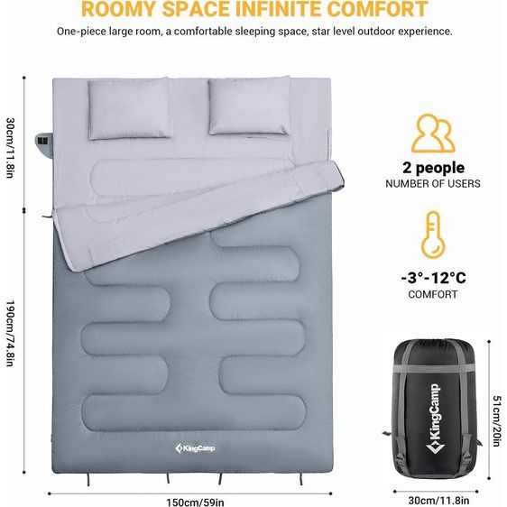 Dekenslaapzak slaapzak dubbele slaapzak winter volwassenen voor 2 personen en draagtas, aangename temperatuur voor outdoor kamperen