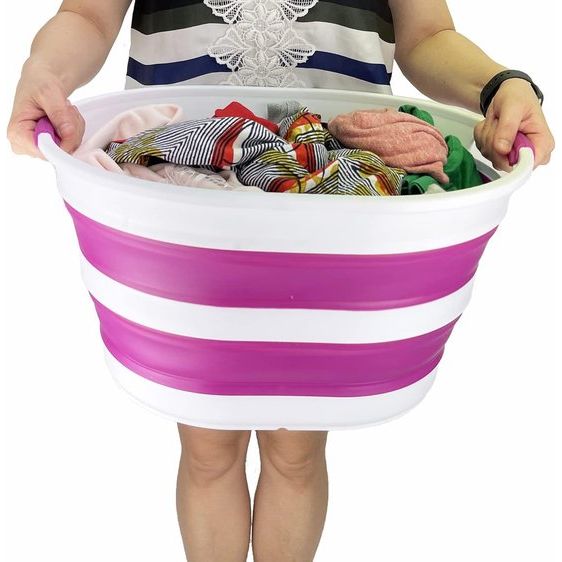 Wasmand van kunststof, inklapbaar, 23 l, ovale kuip/mand, opvouwbare opbergcontainer/organizer, draagbare wasmand, ruimtebesparende wasmand (1, wit/paars)