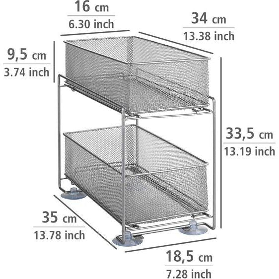 Gioma Ladekast, hoogwaardige organizer met 2 etages en mand uittrekbaar voor keukenkast of werkblad, keukenrek van gepoedercoat metaal, 35 x 33,5 x 18,5 cm, zilver-mat