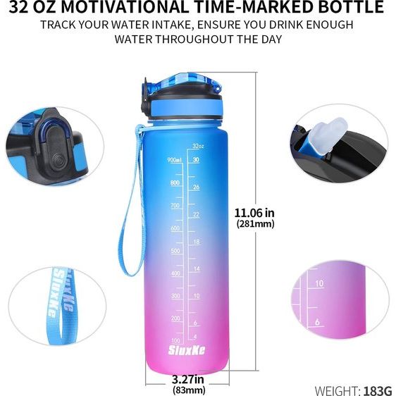 Sportdrankfles met kliksluiting, 1 liter, Lekvrij, BPA-vrije waterfles, Tritan sportfles voor fitness, Sport, Fiets, kamperen, yoga, gym (A8 blauw / fuchsia verloop)