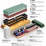 Slijpsteen set mes 11 Accessoires - Nazano professionele slijpsteen voor messen 4 pagina 400/1000 3000/8000 grit messenslijper met bamboe basis lepsteen strop hoekgeleider hoongeleider
