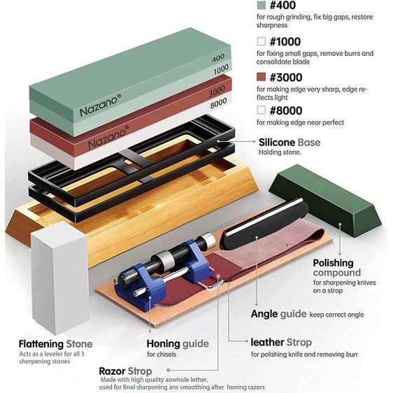 Slijpsteen set mes 11 Accessoires - Nazano professionele slijpsteen voor messen 4 pagina 400/1000 3000/8000 grit messenslijper met bamboe basis lepsteen strop hoekgeleider hoongeleider
