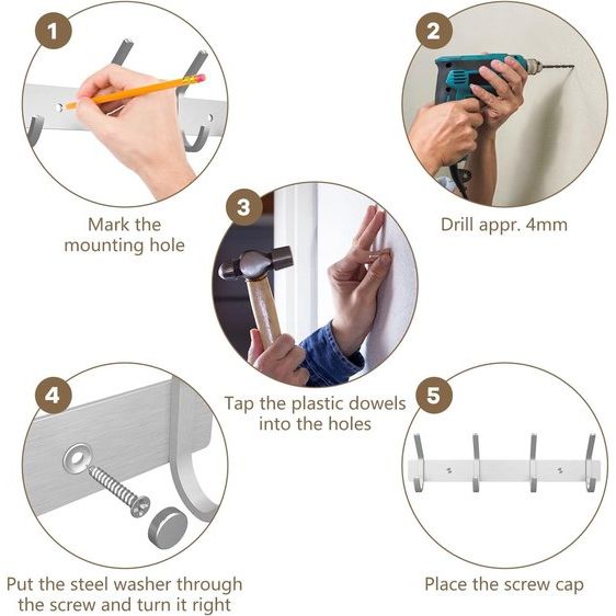 Garderobe haken, 4 haken, garderobe frame, geborsteld roestvrij staal, voor jassen, Jurken, draagvermogen tot 20 kg, haak frame voor hal en vestibule, 27 cm (Zilver, 1 stuk)