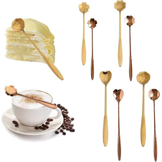 Bloemenlepelset, 8 stuks, roestvrij staal, lepel, goud, theelepel, koffielepels, roos, dessertlepels voor servies, keuken, koffie of bar (lengte 18 cm)