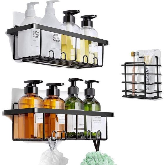 Doucheplank, doucheplank zonder boren, doucheplank zonder boren, zwart, roestvrij staal, douchemand met 8 haken, voor badkamer, keuken, woonkamer, 3 stuks