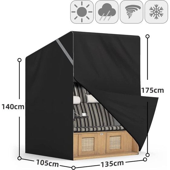 Beschermhoes voor strandstoel, 135 x 105 x 175/140 cm, afdekhoes voor strandstoelen, 2 stoelen, met ventilatieopeningen, waterdicht, winddicht, uv-bestendig, zwart