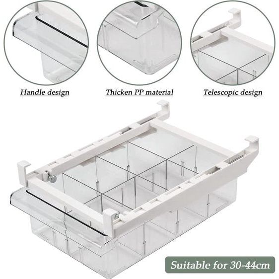 Koelkastlade-organizerbakken, met uittrekbare handgreep, opbergdoos voor koelkast, plankhouder, doorzichtige container voor eten, drinken, eieren, fruit, verwijderbare tussenschotten
