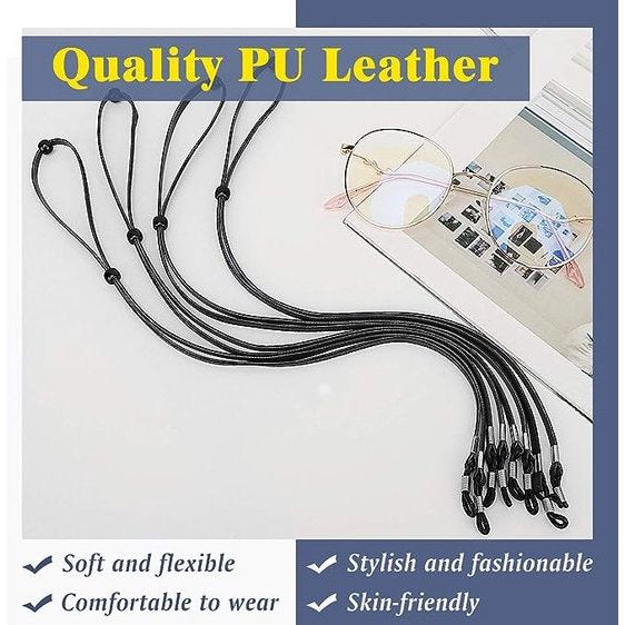 Brilband, 4 stuks, PU-lederen brilketting, brilkoord, verstelbaar, zonnebrilband, zonnebrilhouder, brilhouder voor dames en heren, zwart