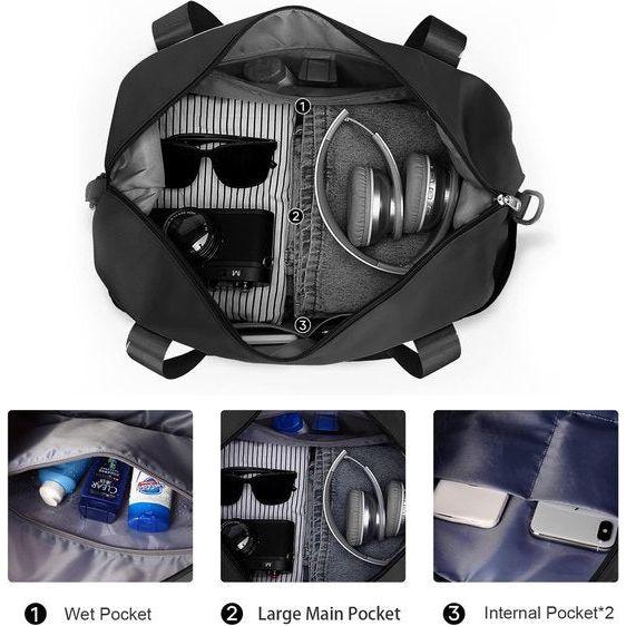 Reistas voor dames, 40 x 20 x 25 cm, handbagage, tas, weekendtas, zwemtas, waterdicht, reistas, duffle bag, fitnesstas, trainingstas voor vrouwen, voor reizen, gym, A12 zwart