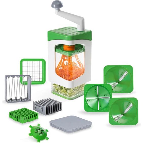 Spiraalsnijder, 13-delig, Zoodle Maker + dobbelsnijder in een set voor spiralen en dobbelstenen, bevat 7 snijinzetstukken en opvangbak 1200 ml, groen