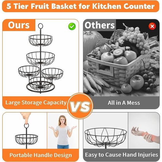 Fruitmandstandaard 5 niveaus Fruitschaal Metaal Mat voor meer ruimte op het werkblad Keukenstandaard met fruitschalen Organizer voor brood, snacks, groenten (zwart)