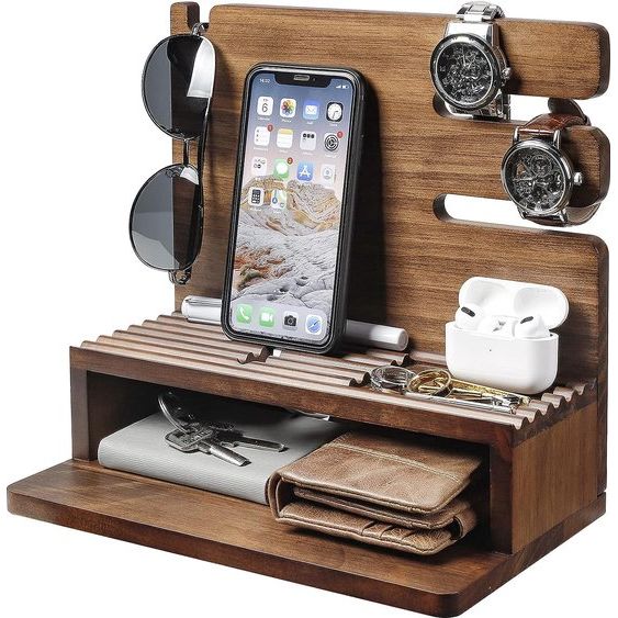 Telefoondockingstation, hout, cadeau voor mannen, Echtgenoot, vriend, bureau-organizer voor horloges, mobiele telefoon, tablet, bril, sleutels, portemonnee