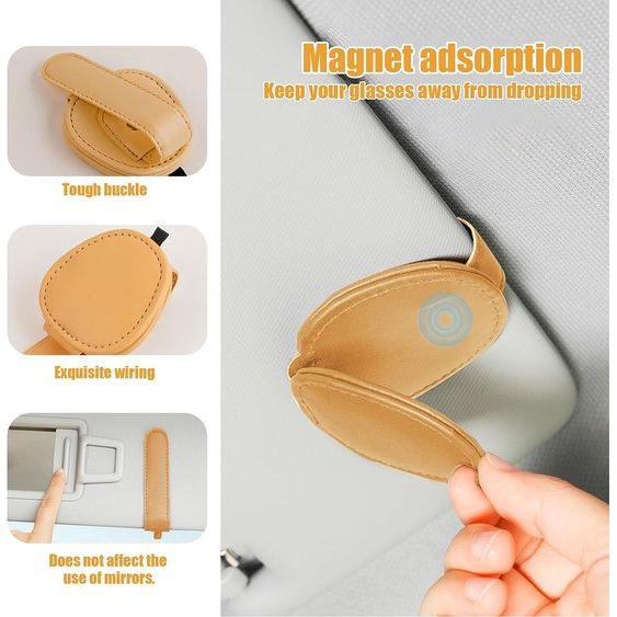 Brillenhouder voor in de auto, 2-pack lederen zonnebrillenhouder Universele zonnebril Brillenhouder met kaartkaartclip voor autovizier Kleine brillenhouder (beige-geel)