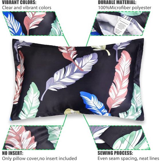 Kussensloop van 100% satijn Standaardformaat (76 x 50 cm) Goed voor haar en huid Bladpatroon Zachte luxe envelop Set van 2 (zwart)