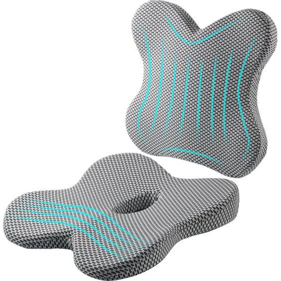 rug met zitkussen, combinatie voor bureaustoel, traagschuim, stuitbeen, zitkussen, warmtegevoelige zitkussen, lendensteun, ergonomisch zitkussen voor de rug