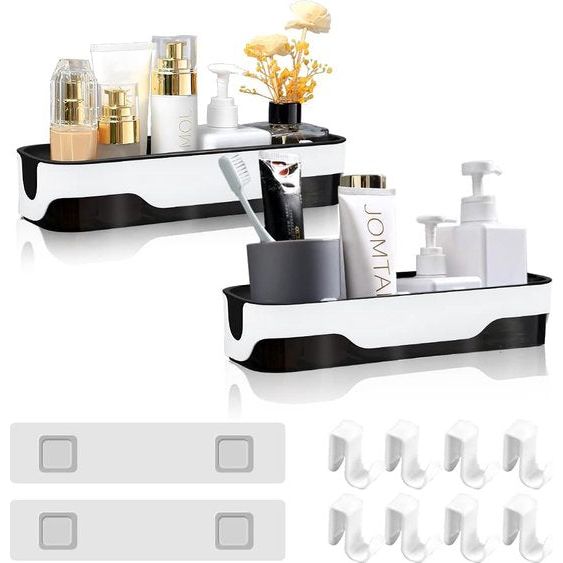 2 stuks badkamerrekken, doucheplank, zonder boren, wandrek, badkamer, zelfklevend, doucheplank, plastic douchemanden met 4 haken, badkamerrek, badkamerrek, zonder boren, plank voor