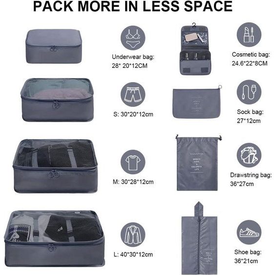 Koffer Organizer Set 8-delig, verpakking cubes, waterdichte reistas, kledingtassen, paktassen voor koffer, kofferorganizer, reistas met make-uptas, schoenenzak, USB-kabeltas (As)