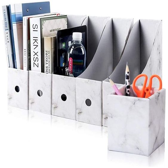 Magazijnverzamelaar gerecycled karton tijdschriftenbox 5-pack inventaris organizer kraftpapier archiefhouder kantoorbenodigdheden tijdschriftenhouder bureau opslagorganisator (marmer)