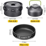 Camping serviesset, kookgerei, set, outdoor kookset, potten, aluminium met theeketel en 3 sets, opvouwbaar, roestvrij staal, bestek, campingpannenset voor 3 personen, outdoor koken