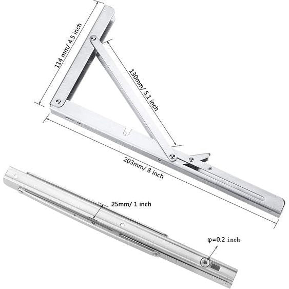 Opklapbare roestvrij stalen plankdrager, 200 mm, ruimtebesparende functie, maximaal draagvermogen 50 kg, set van 2 stuks