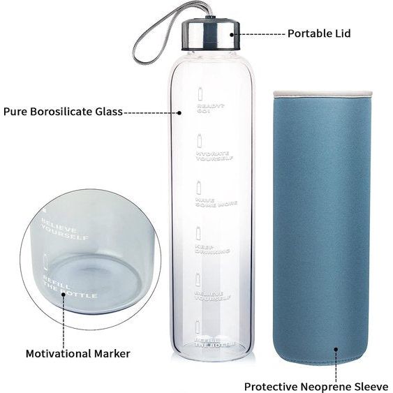 Motiverende drinkfles glas waterfles met neopreen hoes borosilicaatglazen fles 1000 ml / 1l / 1 liter (kleurverloop lichtblauw)