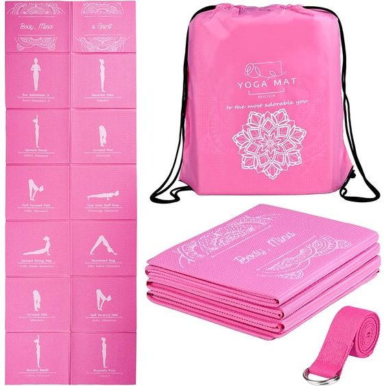 Opvouwbare yogamat voor dames, antislip oefenmat voor thuisgymnastiek, reisyogaset met rekband voor yoga, pilates en fitness, 68"L x 24"B x 1/5 inch dik