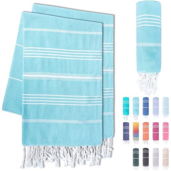 Set van 2 premium hamamdoeken met handgeknoopte franjes, 100% katoen, XXL strandhanddoek, 95 x 180 cm, Oeko-TEX 100, grote strandhanddoek, saunahanddoek en reishanddoek (aqua)