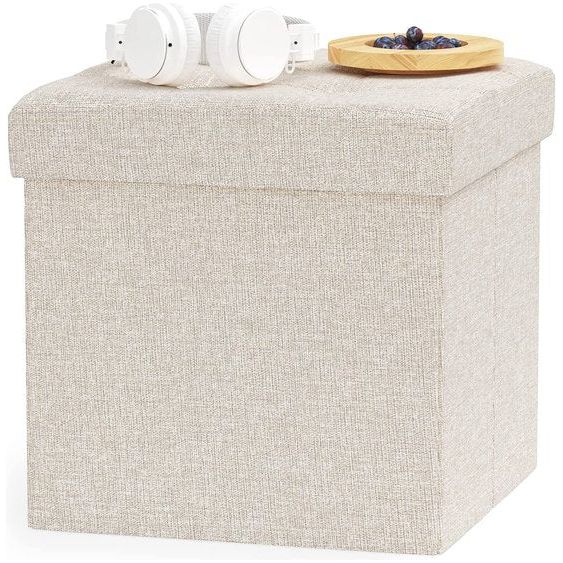 Kruk met opbergruimte, poef, kruk, opbergdoos, zitblok, inklapbaar, zitbank, gestoffeerd, zitkist, bank, ottoman fabric bekleding, stoel voor hal, kantoor, make-uptafel, eohnkamer, slaapkamer, beige