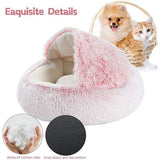 Rond pluizig kattenbed van zacht pluche, grot met capuchon, voor de winter, warm, slaapkussen, antislip, machinewasbaar, voor katten en puppy's