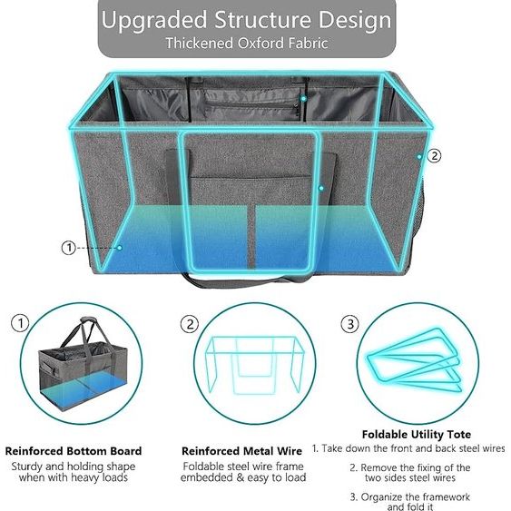 50 liter boodschappenmand, opvouwbaar, groot, voor dames en heren, draagtas met inklapbaar stalen draadframe, boodschappentas, wasmand, opvouwbaar, voor winkelen, vakantie, picknick, wassalon