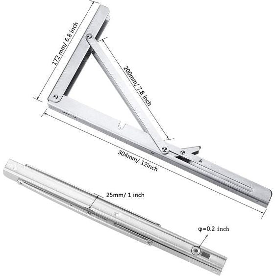 Opklapbare roestvrij stalen plankdrager, 200 mm, ruimtebesparende functie, maximaal draagvermogen 50 kg, set van 2 stuks