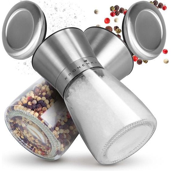 Zout - en Pepermolen Set, Pepermolen, glazen Zoutmolen met Verstelbare Keramische maal, roestvrij staal, kruidenmolen voor kruiden, peper, zout en Chili