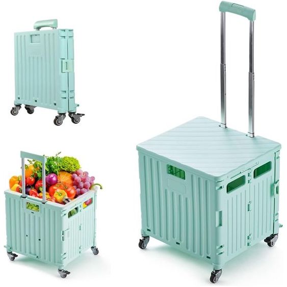Boodschappentrolley, inklapbaar, transporttrolley, tot 40 kg, met deksel en telescopische handgreep, 4 wielen, winkelwagen, vouwbox (groen)
