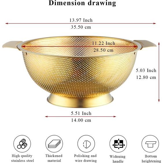 Gold Colander 5 kwart, professionele titanium goud plating roestvrijstalen zeef met heavy duty handgrepen en zelfdragende vaste ringbasis, eenvoudig te reinigen en vaatwasmachinebestendig