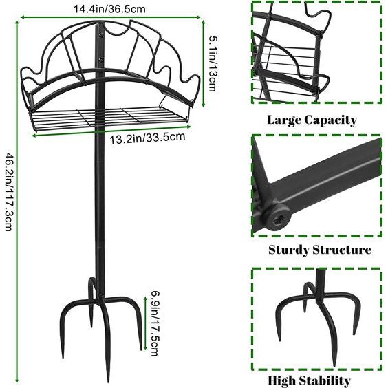 Tuinslanghouder vrijstaande metalen waterslangstandaard, afneembare robuuste slanghanger met opbergmand, tuinslanghouder voor binnenplaats, gazonplaats (4 stekelige voeten)