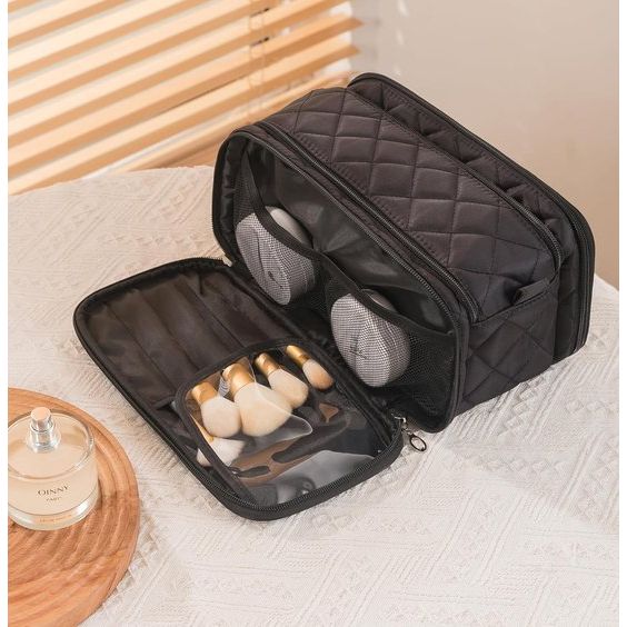 Cosmetische tas met grote capaciteit voor dames, 3 lagen met borstelcompartiment, reismake-uptas, grote make-uptas voor dames en meisjes, zwart
