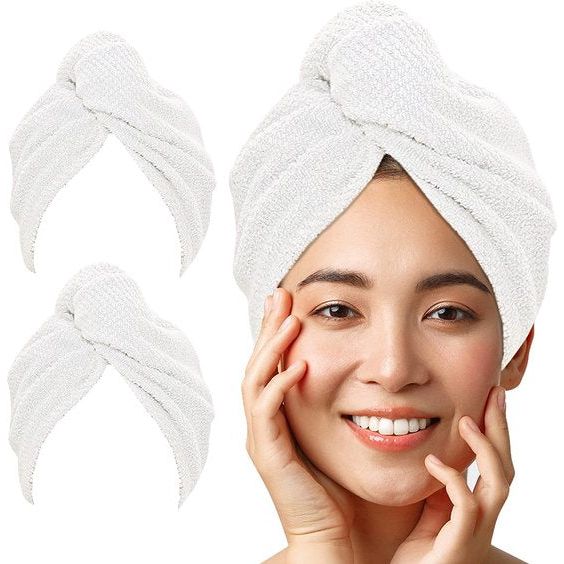 Haartulband, 100% katoen, premium kwaliteit, haarhanddoek met knoop en elastisch, sneldrogend, tulband, super absorberend, zonder microvezel (2 stuks, wit geruit)