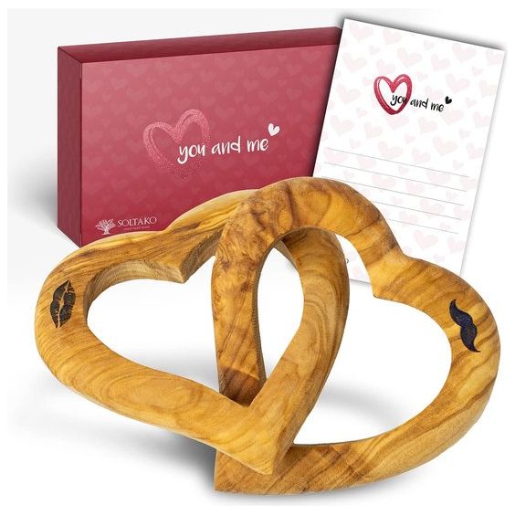 verbonden harten van exclusief olijfhout, huwelijkscadeau voor bruidspaar, tafeldecoratie
