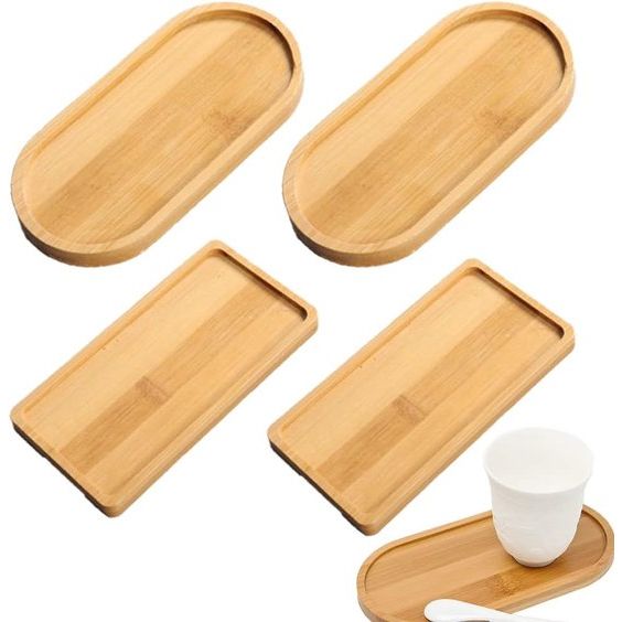 4 stuks bamboe dienblad, rechthoekig, ovaal, houten dienblad, klein bamboe dienblad, bamboedienblad, serveerplateau bamboe voor onderzetters, thee, koffie, cake