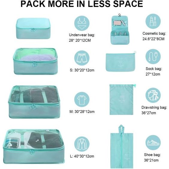 Kofferorganizerset, 8-delig, verpakkingsblokjes, waterdichte reiskledingzakken, inpakzakken voor koffer, kofferorganizer, reistas met make-uptas, schoenentas, USB-kabeltas (lichtblauw)