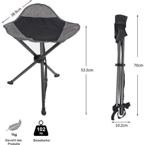 Vouwkruk, opvouwbaar, driepootkruk, ultralicht, campingkruk, 53,3 cm hoog, 102 kg belastbaar, met zijzak, draagbare viskruk, inklapbaar voor camping, jacht, wandelen, vissen, zwart