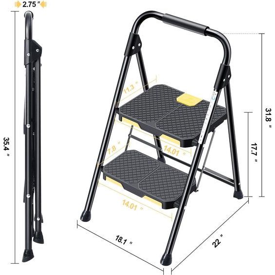 2-staps ladder, 2-staps vouwladder met antislip breed pedaal en leuningen, lichtgewicht huishoudladder voor uw keuken, bijkeuken, kasten, kantoor