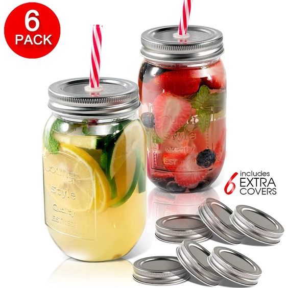 500ml Mason Jars, Drinkglazen met Deksels & Herbruikbare Rietjes, Glazen Conservering Potten voor Smoothies, Cocktails, Dranken - Set van 6