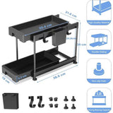 Plank voor onder de gootsteen, 2 niveaus, multifunctionele dubbele verschuifbare keukengootsteenorganizer met 4 haken en 1 kop, kruidenrek, onderkastorganizer voor badkamer, keuken