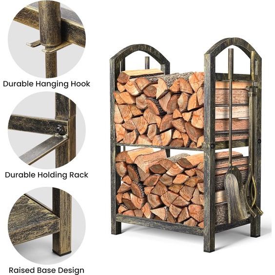 Brandhoutrek, brandhoutrek met 4 open haardgereedschappen, 74 x 40 x 30 cm, brandhoutstandaard voor binnen en buiten, houten rek voor open haard, fornuis, bestek, smeedijzeren brons