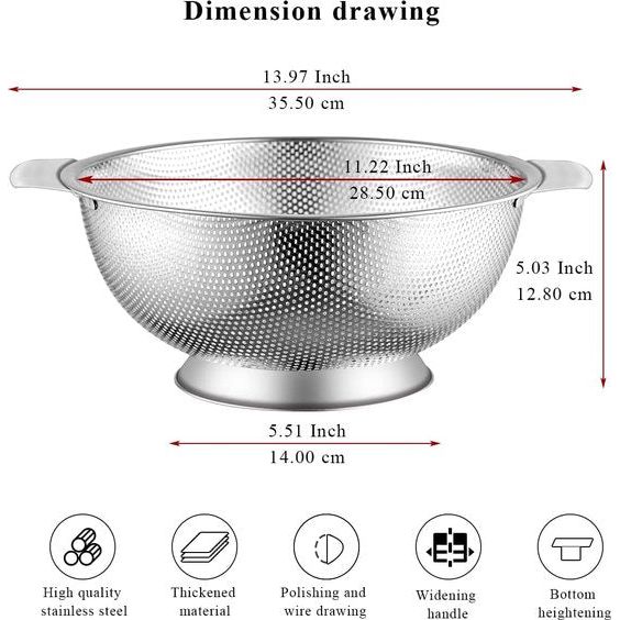Roestvrijstalen Colander 5 Quart, professionele zeef met heavy duty handgrepen en zelfdragende vaste ringbasis voor pasta, spaghetti, bessen, groenten, fruit, pasta, salades,